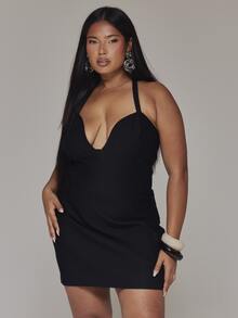 MUSERA Gaun Mini Bodycon Halterneck Hitam Kasual Keren Dasar Musim Gugur Musim Dingin - Hitam - View 1