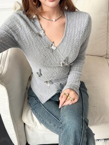 Feyla Women's 3D Butterfly Decor Long Sleeve Fitted T-Shirt - Dark Grey - View 2