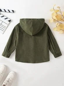 SHEIN 男童時尚休閒連帽外套，附口袋翻蓋裝飾，燈芯絨材質，適合日常休閒、外出、上學及其他場合，春秋款 - 軍綠色 - 查看 2