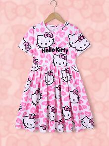 HELLO KITTY AND FRIENDS | SHEIN فستان كاجوال قصير الأكمام بطبعة نمر وحروف للفتيات المراهقات - وردي - مشاهدة 3