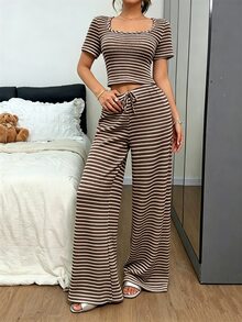 Napfluff Women's Knit Striped Casual Wide Leg Pajama Set - Brown - View 6