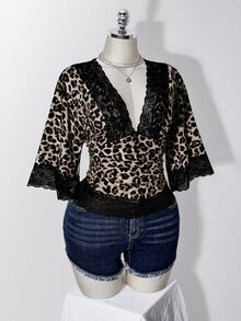 SHEIN ICON Women's Plus Size Leopard Print Contrast Lace V-Neck Fitted Top - Brown - View 8