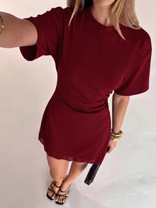 Aloruh 女款優雅圓領不對稱下擺蕾絲拼接收腰短袖迷你洋裝 - 紅色 - 查看 8