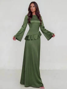 Aloruh 女款優雅露肩喇叭袖荷葉邊收腰後背A字米色洋裝 - 軍綠色 - 查看 8