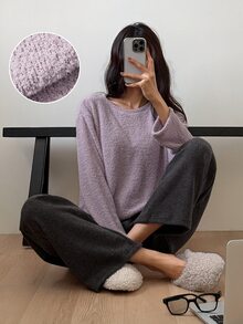 DAZY Women's Solid Color Round Neck Drop Shoulder Long Sleeve Top And Pants Loungewear Set - Purple - View 4
