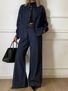 DAZY Women's Single-Breasted Long Sleeve Top & Pants Denim Set - Blue - View 2