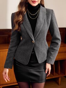 Vintamour Blazer Kasual Wanita Warna Polos Kerah Syal Lengan Panjang Kancing Tunggal - Dark Grey - View 3