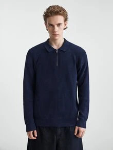 Marvello Homme 男士藍色秋季休閒基礎款商務休閒辦公室純色極簡拉鍊開襟長袖羊絨針織波羅領毛衣 - 彩色 - 查看 3