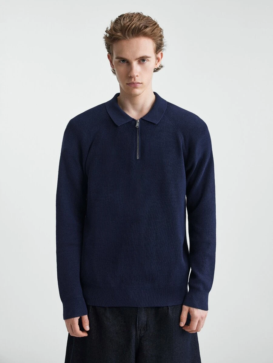 Marvello Homme Men's Blue Autumn Casual Basic Smart Casual Smart Office Solid Color Minimalist Zip-Up Long Sleeve Cashmere Sweater Buttoned Knitted Polo Neck - Multicolor - View 1