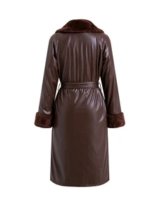 SHEIN Clasi 女款純色PU皮革時尚百搭日常休閒風衣外套 80年代風格冬季女裝外套 - 酒紅色 - 查看 9