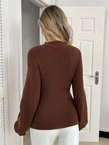 Elyressa 女款秋冬純色青蛙鈕扣設計長袖優雅針織開襟衫 - 棕色 - 查看 2