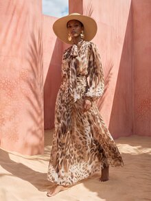 Zivah New Elegant Jamaican European Tropical Brown Animal Print Waist Pleated Design Bohemian Vacation Dress Cover-Up Beach Summer - Multicolor - View 3