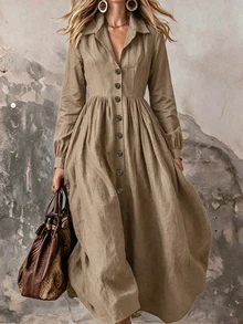 Breezaya Women Elegant Solid Long Sleeve Graduation Dress, Front Button Detail For Beach Dating Daily Commute - Khaki - View 4