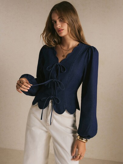 Poéselle Women's Scalloped Hem Peplum Denim Blouse With Front Tie And Puff Sleeves, Elegant V-Neck