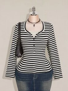 SHEIN ICON Women's Plus Size Autumn/Winter Contrast Lace Black & Gray Striped Fitted T-Shirt Fall - Black and White - View 8