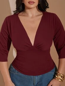 SHEIN BAE CURVE 大尺碼女款純色V領休閒日常T恤 - 酒紅色 - 查看 3