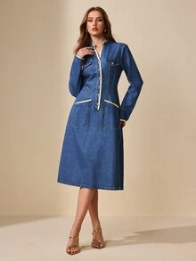 Selenza Women's Elegant Intellectual Commute Business Long Sleeve Short Gold Ribbon Denim Dress - Dark Wash - View 1