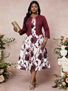 SHEIN Lady Plus Size Women Solid Color Long Sleeve Jacket & Floral Print Dress 2pcs Set - Burgundy - View 6