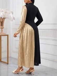 SHEIN Lady Gaun Elegan Wanita dengan Kerah Tegak dan Lengan Panjang Mengembang, Motif Blok Warna - Hitam - View 2