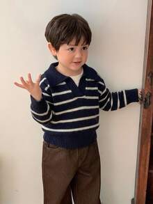 Hapijoa 幼兒男孩秋冬拼色二合一長袖針織衫 - 藏蓝色 - 查看 5