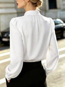 SHEIN Women's Gentle Vintage Court Style White Stand Collar Blouse With Diagonal Exquisite Metal Button Decor, Ruched Gathered Neckline, Puff Lantern Long Sleeves, Loose Flattering Fit, Elegant Versatile Shirt For Dating And Commuting - White - View 2