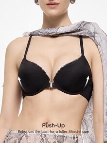 Bralution Black Underwire Molded Cup High Support Push Up Lift Front Closure Lace Patchwork Beautiful Back Minimalist French Style Women's Bra - Black - View 6