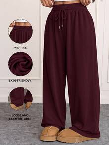 CovetEZ Plus Size Women Solid Color Drawstring Waist Casual Versatile Daily Wear Sweatpants - Burgundy - View 4