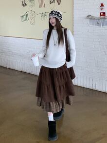 DAZY Women's Waist Tie Patchwork Plaid Ruffle Hem Vintage Skirt - Coffee Brown - View 4