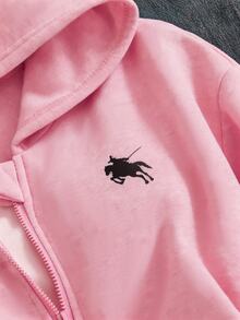 SHEIN Sparklyn 秋冬女款連帽拉鍊外套 混搭街頭風休閒圖案 防寒針織面料 寬鬆版型 校園學生風 黑粉配色 - 粉色 - 查看 3
