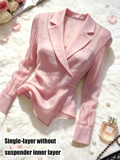 SHEIN Franclia Women's Commuter College Style Minimalist Fashionable Versatile Pink Semi-Sheer Sexy Blazer Collar Shirt Asymmetrical Hem Side Tie Long Sleeve Blouse Basic Summer Holiday Social Office Workwear Halloween Spring Festival Beach Vacation Outing Girls Party Home Shopping Casual Entertainment