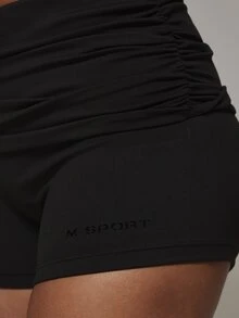 Musera Sport Fold Over Ruched Waist Soft Touch Fitted Sport Mini Shorts Sport Essentials Basics Gym Workout Autumn Fall Winter - Black - View 6
