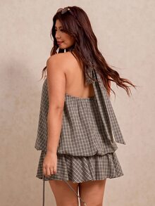 Elaquor Plus Size Women's Plaid Fashion Halter Neck Dress With Ruffle Hem - Black - View 4
