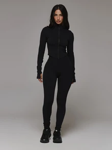 Musera Sport High Neck Zip Through Fitted Cropped Thumb Hole Detail BBL Style Active Coord Jacket Only Sport Essentials Basics Autumn Fall Winter - Black - View 3