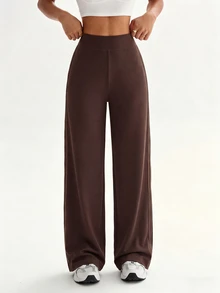 Eassivo 1pc Women's Seamless Ribbed Solid Color Side Stripe Street Casual Yoga Studio Training Long Straight Leg Leggings - Coffee Brown - View 5