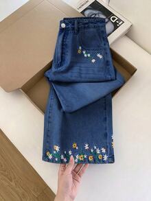 GlowEve CURVE Celana Jeans Denim Saku Kancing Bordir Serbaguna Ukuran Plus, Formal Pantai Biru dan Kuning, Kasual Musim Panas, Peri - Dark Wash - View 8