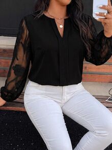 Reflora Plus Size Women's Mesh Patchwork Casual Daily Wear Blouse - Black - View 3