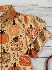 Mellowie Plus Size Women's Pumpkin Plant Pattern Ruffle Short Sleeve Single-Breasted Shirt - Multicolor - View 4