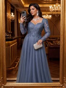 Auveirra Plus Size Women's Contrast Lace Sweetheart Neck Long Sleeve Mesh Hem Elegant Dress - Blue - View 5