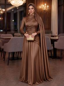 SHEIN Lady Plus Size Women Solid Color Pleated Ribbon Design Elegant Dress - Coffee Brown - View 4