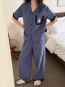 DAZY Fog Blue Women's Summer Pajama Set, 2-Piece Set With Tassel Trim, Pocket, Penguin Print, Lapel Collar, Short Sleeve Cardigan And Long Pants - Blue - View 3