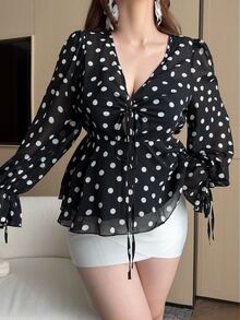 Vibekara Plus Size French Chic Black Polka Dot V-Neck Lightweight Tie Bell Sleeve Blouse - Black - View 3