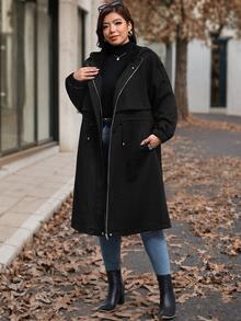 Reflora Women Plus Size Autumn/Winter Loose Waist Drawstring Mid-Length Jacket - Black - View 3
