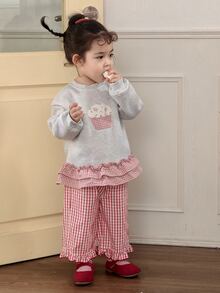 DAZY Infant (Girl) Round Neck Ruffle Trim Long Sleeve Sweatshirt - Grey - View 1