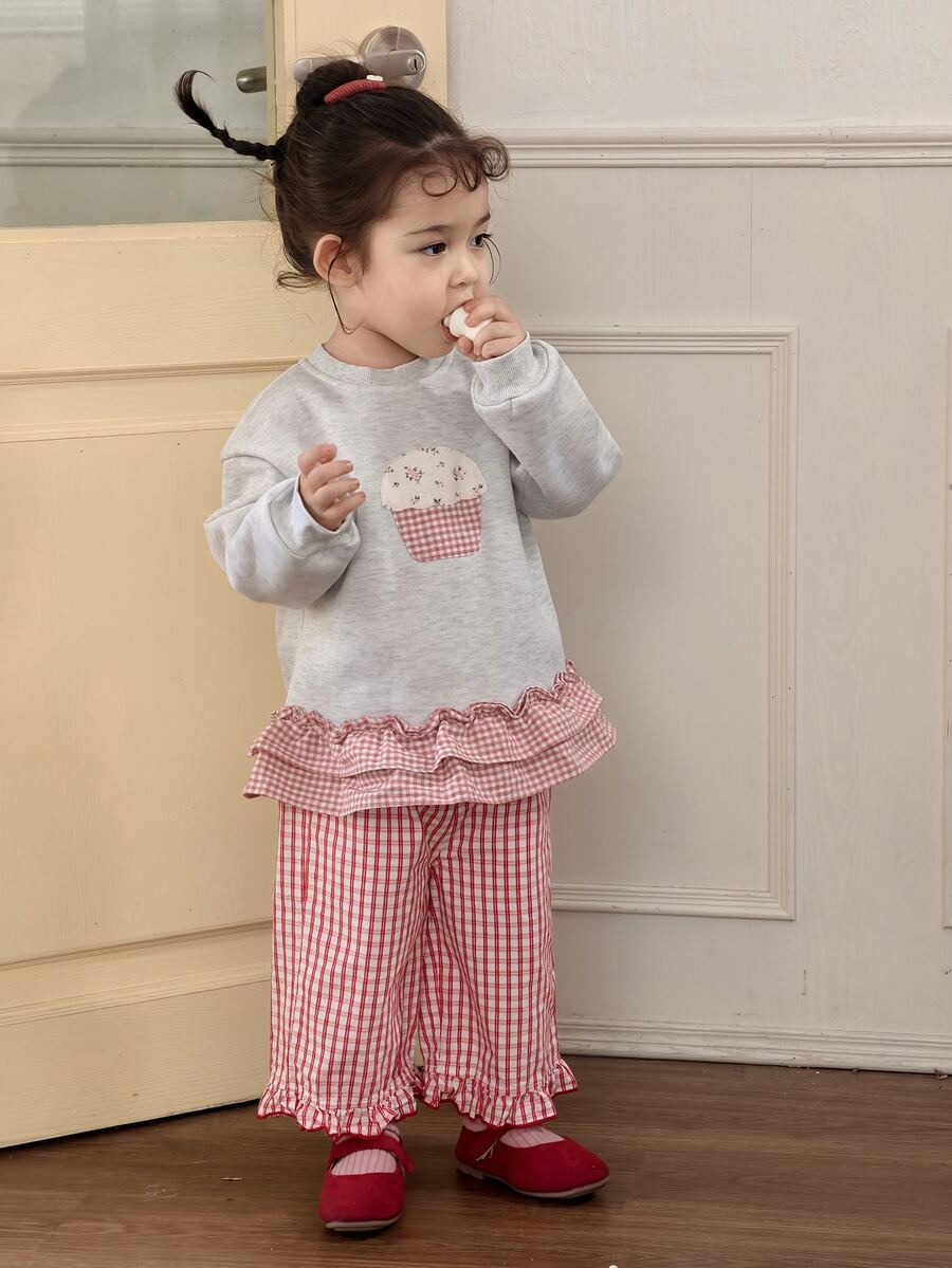 DAZY Infant (Girl) Round Neck Ruffle Trim Long Sleeve Sweatshirt - Grey - View 1