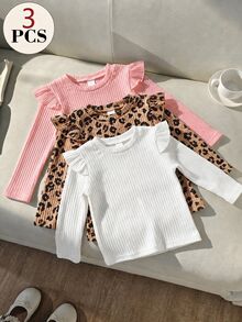 Genkimix Kids 3件組女童幼兒秋冬時尚豹紋＋經典純色黑與粉色短袖及長袖T恤，百搭圓領內搭組合包 - 彩色 - 查看 3