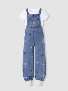 SHEIN Genkimix Kids 女童牛仔吊帶褲，淺藍色水洗牛仔布，多色愛心刺繡，前胸口袋，可調節金屬扣肩帶，直筒寬腿版型。適合全年日常穿著，可搭配T恤，休閒甜美風格，適合校園、購物、外出等場合 - 淺色水洗藍 - 查看 5