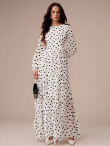 BELROSIE European And American Style Autumn/Winter New Fashion Versatile Chiffon Polka Dot Watermark Multi-Layer Ruffle Hem 3D Floral Decor Women's Dress - Multicolor - View 6