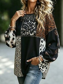 Linhara CURVE Bohemian Patchwork Leopard Print Iron-On Women's Vintage Loose Casual Long Sleeve Shirt Fall - Black - View 1