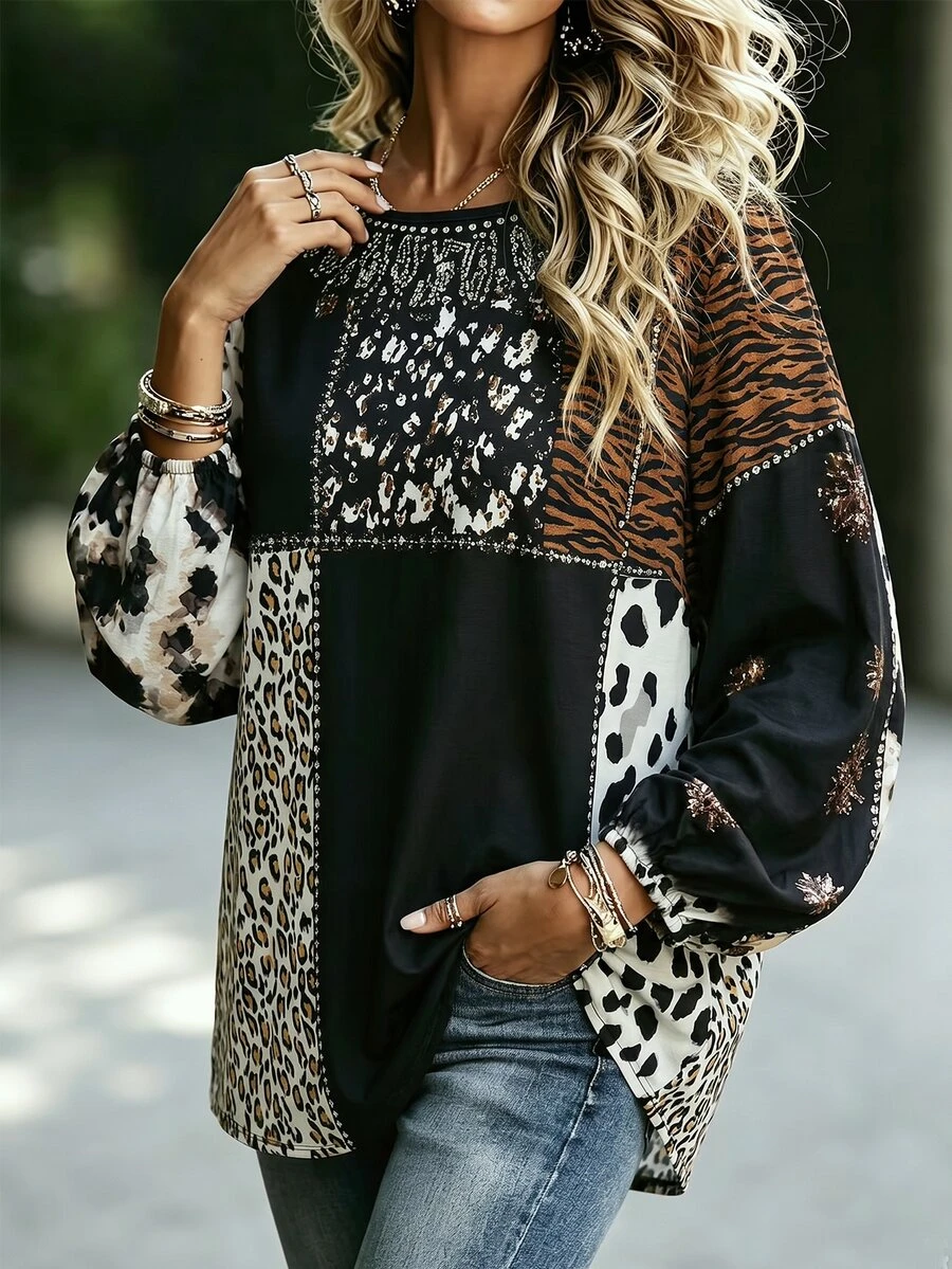 Linhara CURVE Bohemian Patchwork Leopard Print Iron-On Women's Vintage Loose Casual Long Sleeve Shirt Fall - Black - View 1