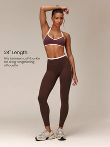 GLOWMODE 24" Ultrafine Soft Seamless V-Waist Contoured Scrunch Bum Contrast Seams Non-See-Through Leggings Running Workout Gym - Brown - View 5